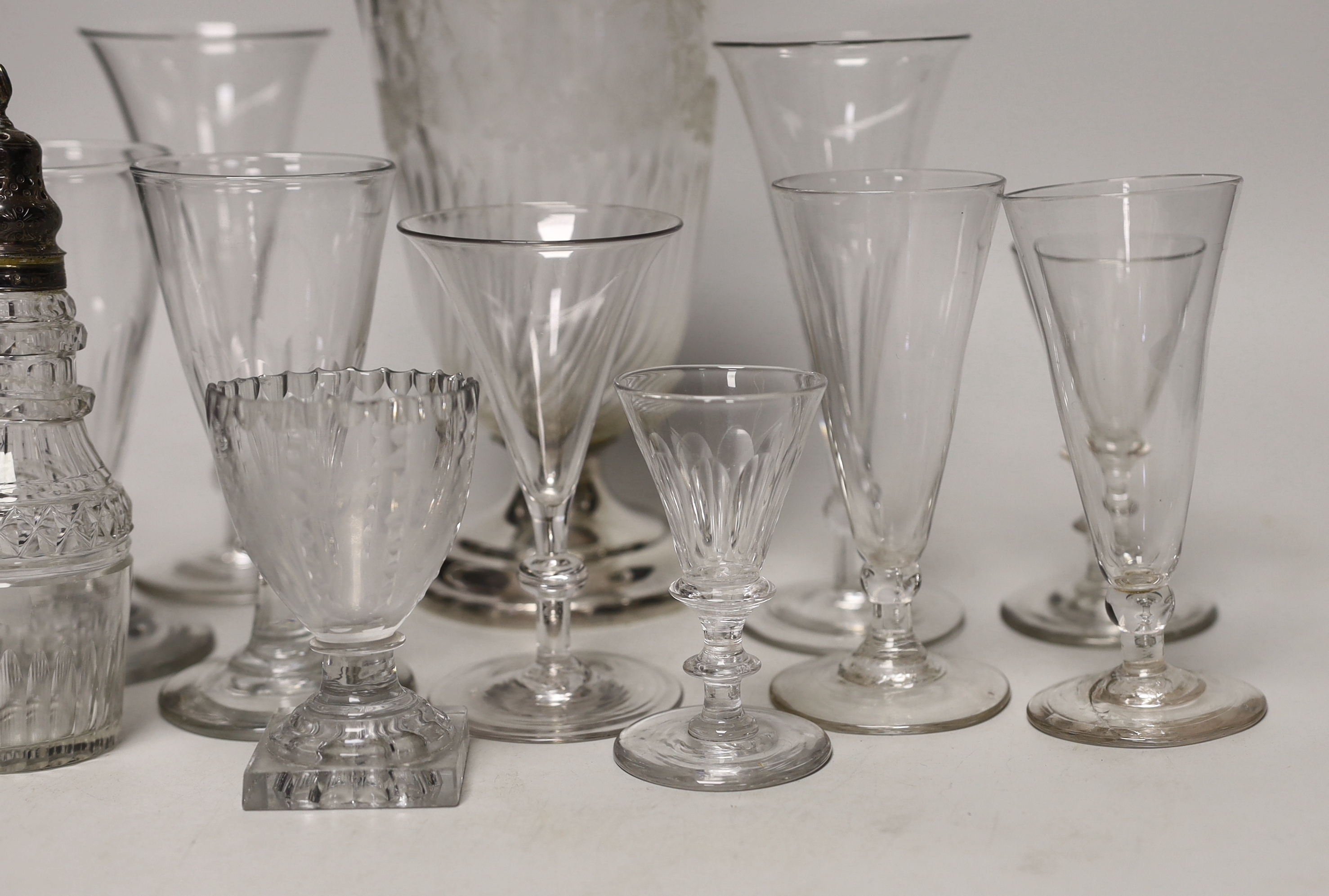 A silver plate mounted glass claret jug and various glasses